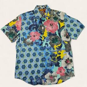 Robert Graham Blue Floral Patchwork Shirt – Watercolor Tropical Resort M